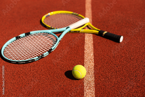 tennis racket with tennis balls on a tennis court © Angelov