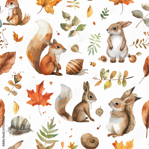 Seamles pattern woodland Animals watercolor squir