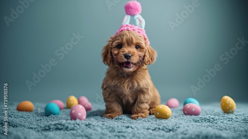 Fundo com cachorrinho fofo com orelhas de coelho da páscoa e ovos coloridos envolta photo