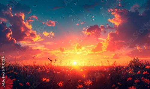 Landscape nature background of beautiful pink and red cosmos flower field on sunset with a beautiful sky.