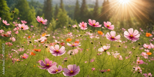 Field of blooming Cosmos flowers on a background sunset. Generative Ai