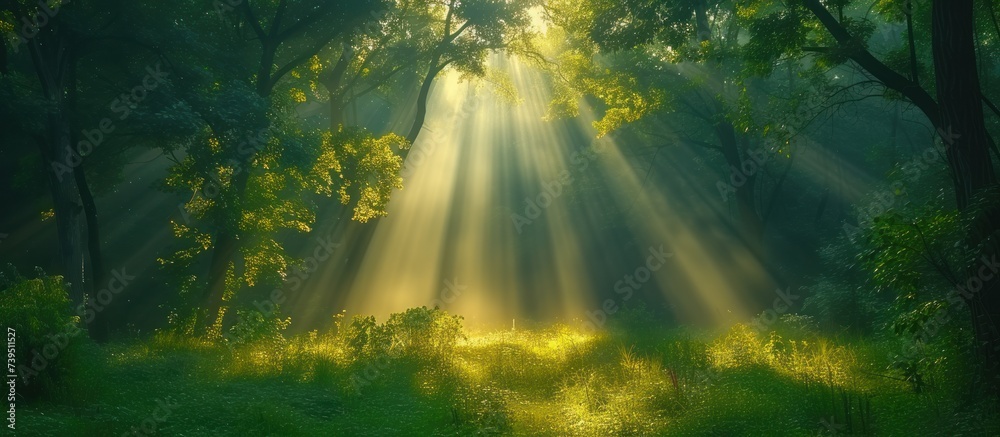 Luxury rays of sunlight in a green forest - obrazy, fototapety, plakaty 