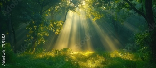 Luxury rays of sunlight in a green forest photo