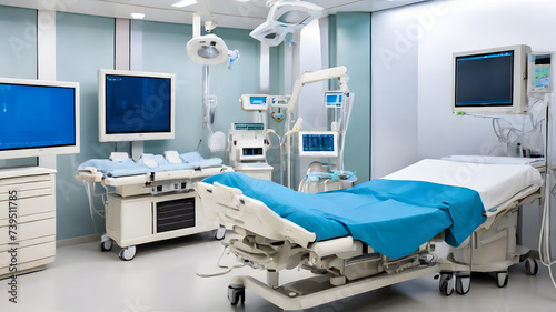 Interior of a modern operating room with beds and resuscitation and control monitors. ia generated