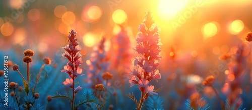 Meadow landscape refreshment with sunray and golden bokeh