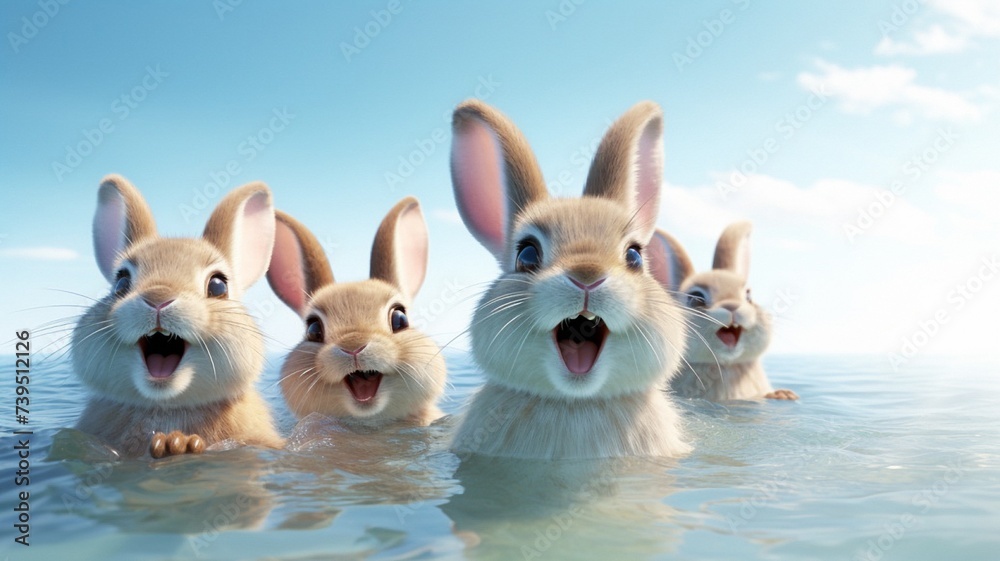 Four cute baby rabbits in water with open mouth looking funny