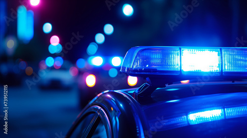 Closeup of blue police lights. Traffic stop concept on side of the road.