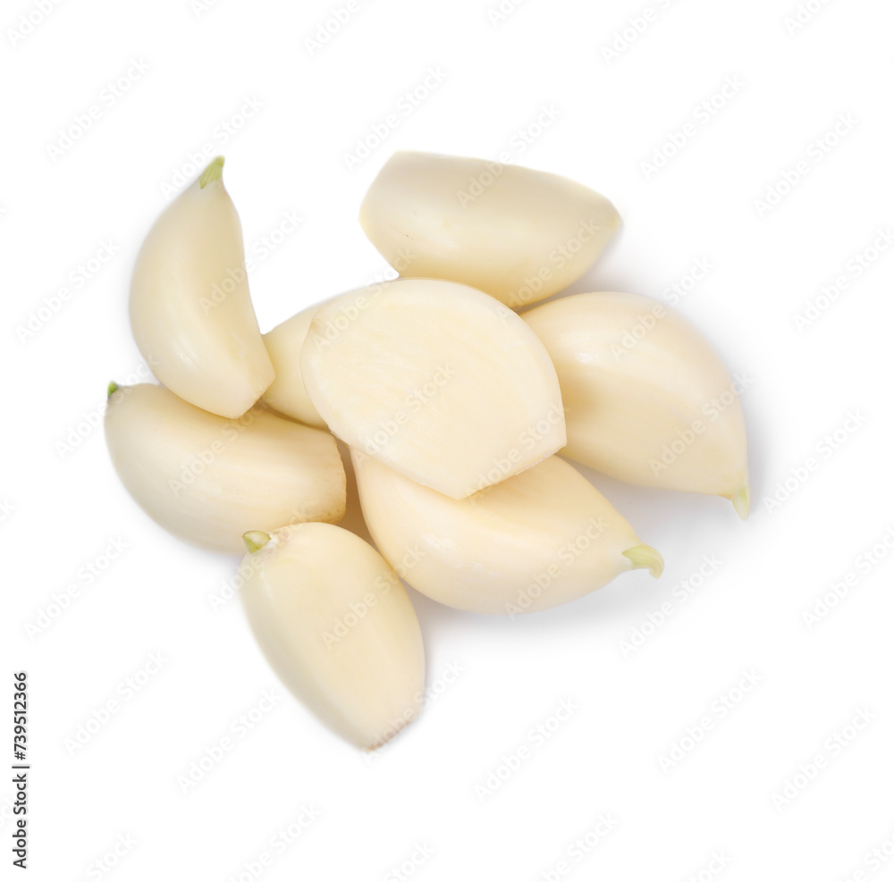 Peeled cloves of fresh garlic isolated on white, top view Peeled cloves of fresh garlic isolated on white, top view