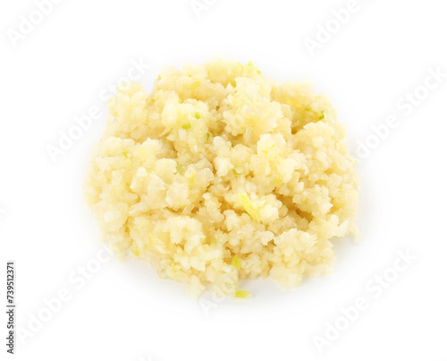 Pile of chopped garlic isolated on white, top view