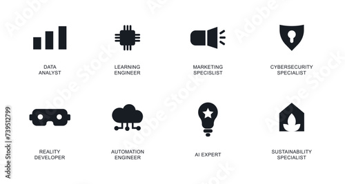 Collection of icons for modern smart professions of the future with text