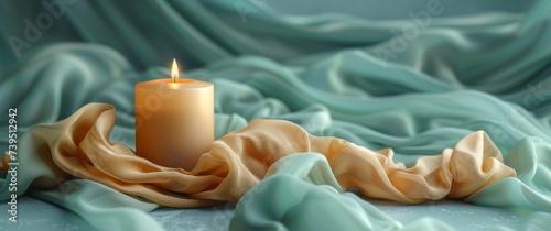 beige fabric and gold candle on a soft blue