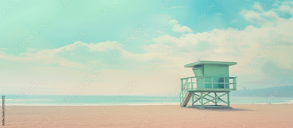 beach with famous vintage wooden lifeguard hut