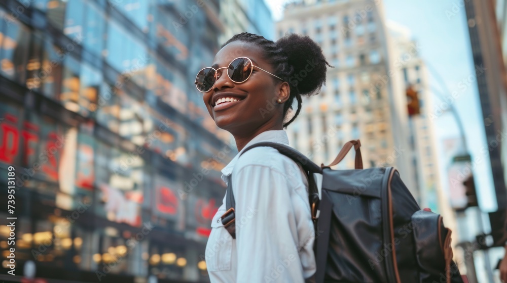 Fototapeta premium Stylish Young Woman Enjoying Urban Downtown Vibe
