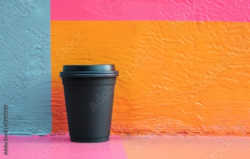 black coffee cup held up against the pink wall