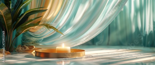 beige fabric and gold candle on a soft blue