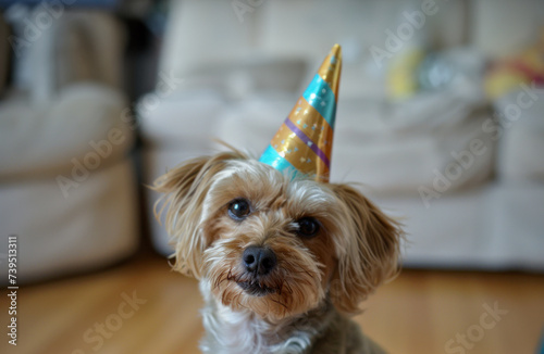 dog wearing a party hat