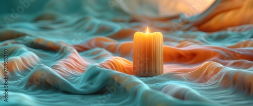 beige fabric and gold candle on a soft blue