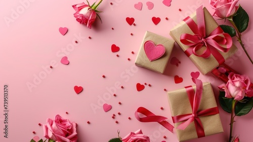 Heart-shaped ribbon alongside gift boxes and rose flowers on a pink backgroun...