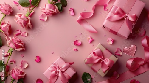 Heart-shaped ribbon alongside gift boxes and rose flowers on a pink backgroun...