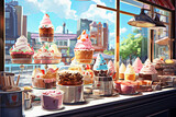 Variety of colorful tasty sweets in shop window of the cafe. Food establishments, cafes and restaurants