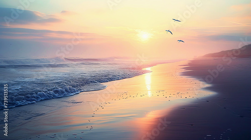 Romantic sunrise or sunset on beach or ocean. Waves crash on coastal sand. Landscape, romance, tourism and travel, background for design with copy space