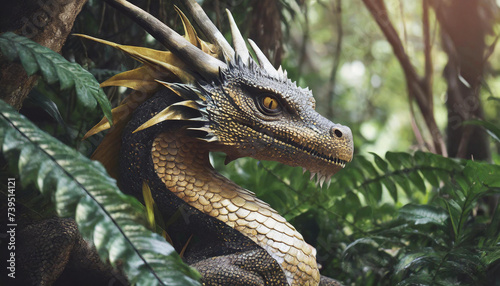 A realistic majestical green dragon is hunting in the rain forest