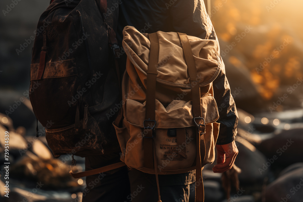 Golden Hour Adventure: A Traveler with a Backpack - obrazy, fototapety, plakaty 