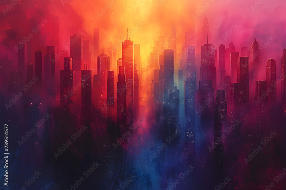An abstract cityscape with geometric skyscrapers in a surreal atmosphere.