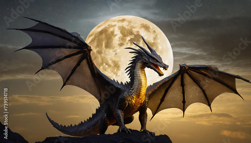 A realistic majestical dark dragon is posing in front of a full moon © pixs:sell