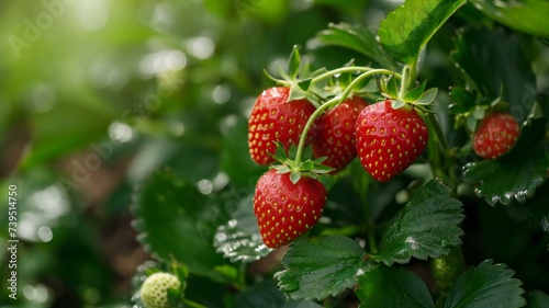 Close up of a strawberry bush with a garden background and copy space