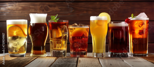 Assortment of alcoholic cocktail in glasses on a dark background, bar concept, alcoholic drinks at a party, advertising for a restaurant, A colorful range of refreshing cocktails with fruit, ice 
