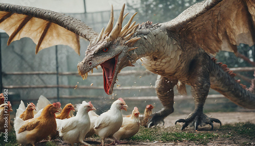 A realistic bad dragon hunting chicken like a wolf