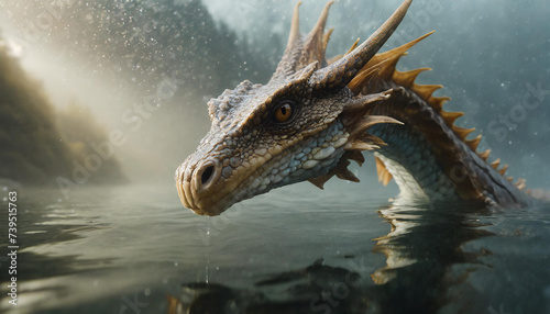 A realistic bad dark dragon is hunting fish in a river photo