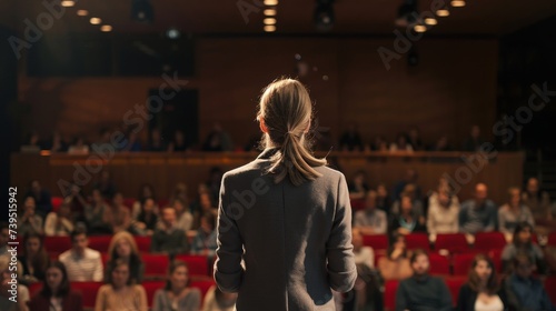 Successful businesswoman talking to her audience during a presentation photo