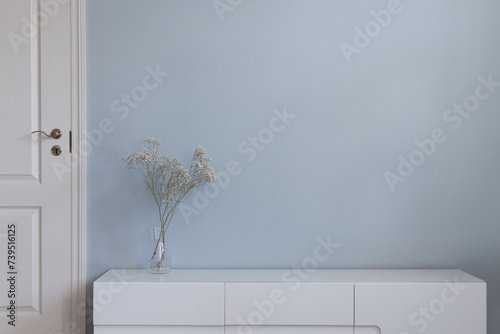Living room furniture on floor in front of blue empty wall and white door