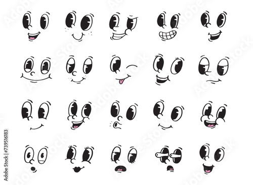 retro cartoon faces, emotional expressions clip art, mascots decor collection. Funny emotions creator set. EPS 10
