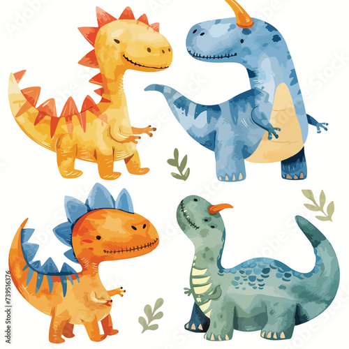 Hand drawn watercolor gouache cute dinosaurs on w