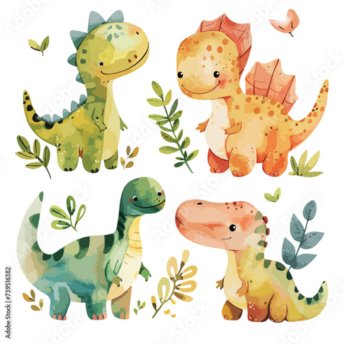 Hand drawn watercolor gouache cute dinosaurs on w