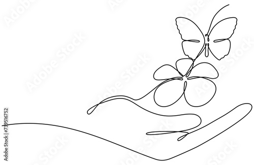 Flying butterfly with flower in hand continuous one line drawing. Vector hand drawn illustration isolated on white.