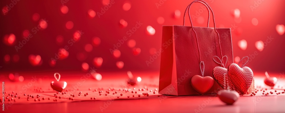 Red shopping bag against red background with paper hearts. copy space for text. Red shopping bag against red background with paper hearts. copy space for text.