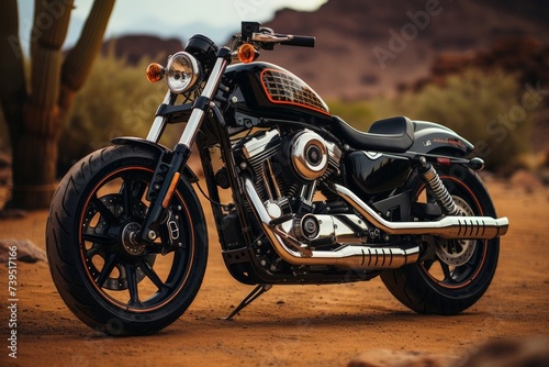 Photo of a custom motorcycle with mountains in the background. Lifestyle.  AI generated. photo