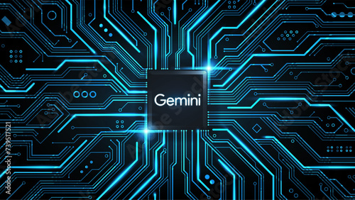 Gemini Ai, Artificial intelligence chatbot logo on circuit board, Gemini AI Chatbot concept, vector illustration photo