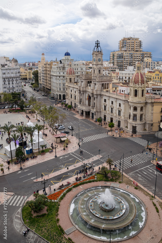 Aerial view of the Valencia town hall and the fountain in the square. Valencia - Spain