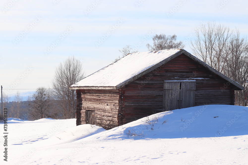 wooden house in the snow