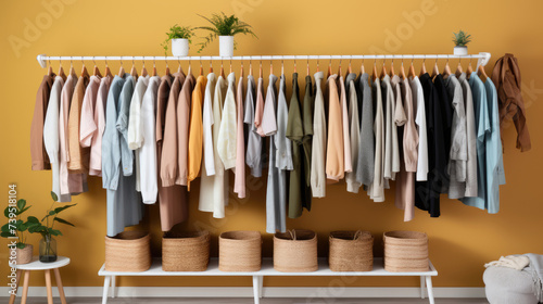 Wardrobe organization. Hanger with fashionable outfits