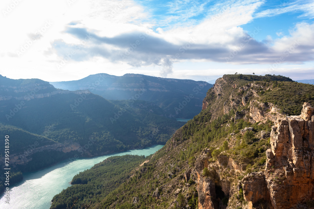 Panoramic view of the mountains and the Jucar river from the Chirel castle. Valencia Spain