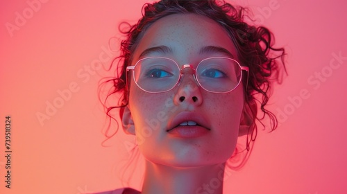 People, Impressions, and Contemplation. A pensive, intelligent female student looks upward, wearing glasses, against a pink background