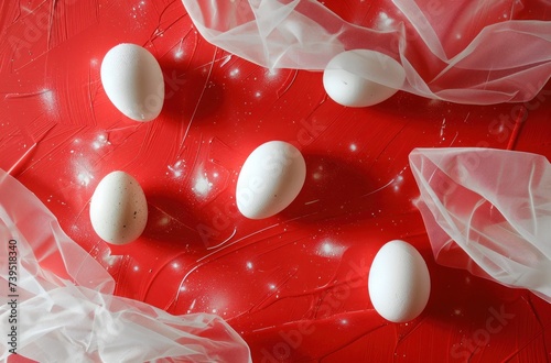 white board with eggs floating among red coloured