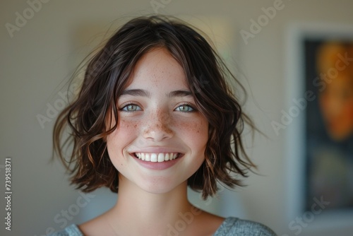 Free Download a joyful and charming teenage girl with a hairstyle, beaming widely, white teeth while - GFXLoad