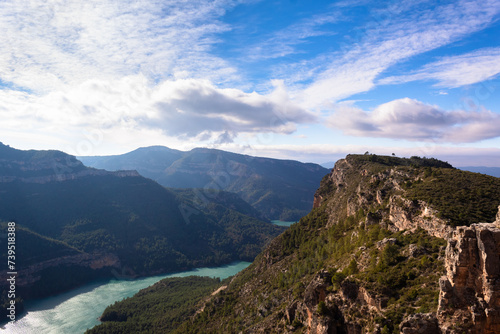 Panoramic view of the mountains and the Jucar river from the Chirel castle on a sunny day. Valencia Spain